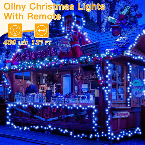 Ollny 400 LED 132ft Blue String Lights (Clear Cable, Plug in, 8 Modes, IP44 Waterproof)