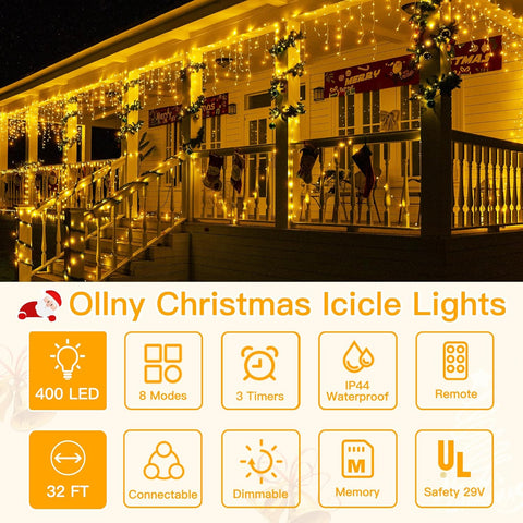 Ollny 400 LED 32ft Warm White Icicle Lights (Clear Cable, Plug in, 8 Modes), Connectable up to 3 Sets