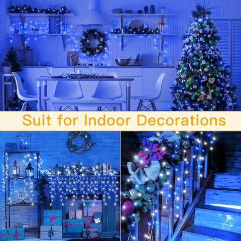 Ollny 504 LED 41ft Blue and White Christmas Icicle Lights (Clear Cable, Plug in, 8 Modes), Connectable up to 3 Sets