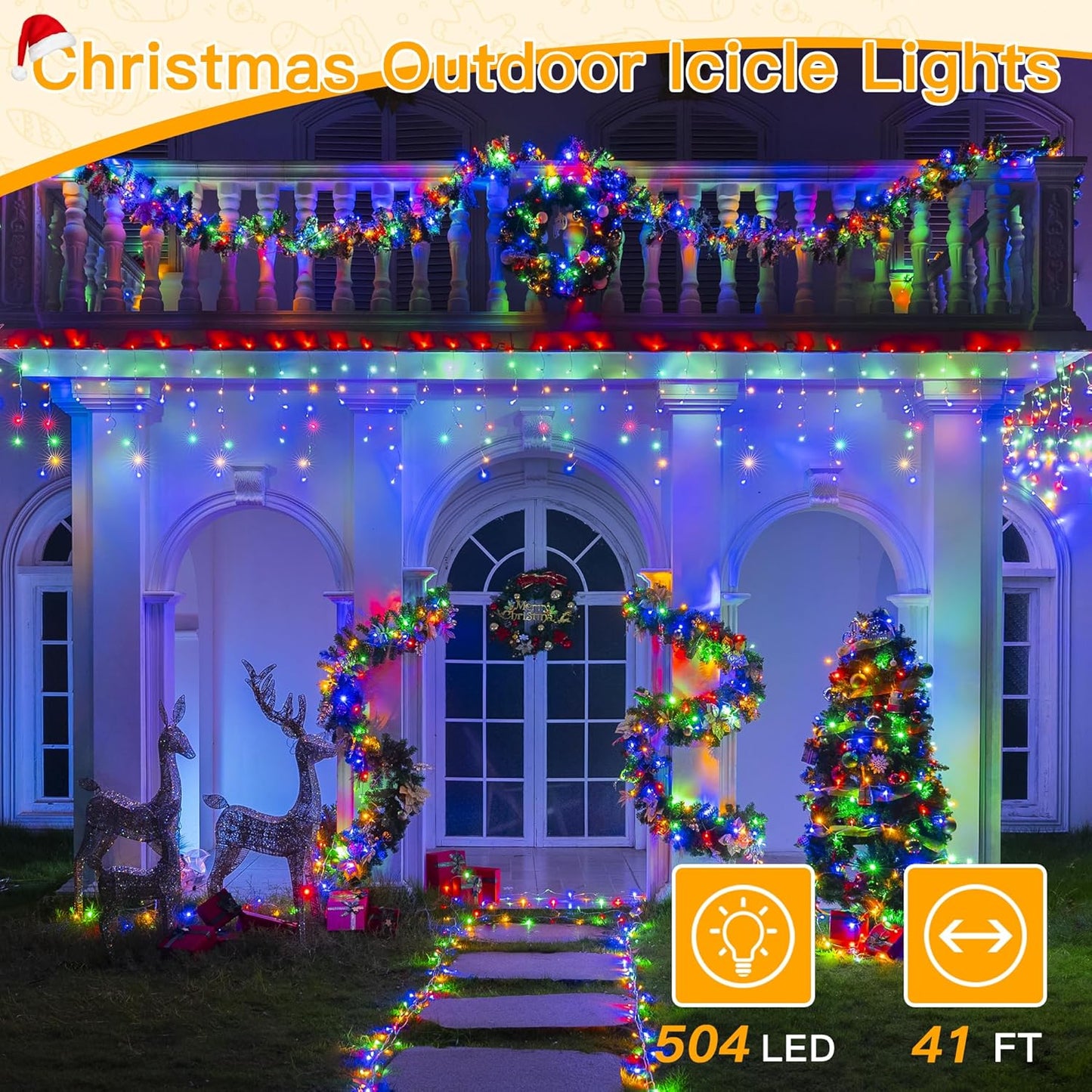 
                  
                    Ollny 504 LED 41ft Multicolor Christmas Icicle Lights (Clear Cable, Plug in, 8 Modes), Connectable up to 3 Sets
                  
                