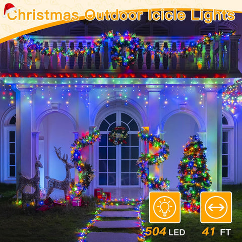 Ollny 504 LED 41ft Multicolor Christmas Icicle Lights (Clear Cable, Plug in, 8 Modes), Connectable up to 3 Sets