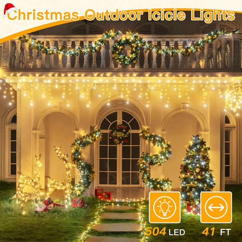 Ollny 504 LED 41ft Warm and Cool White Christmas Icicle Lights (Clear Cable, Plug in, 8 Modes), Connectable up to 3 Sets
