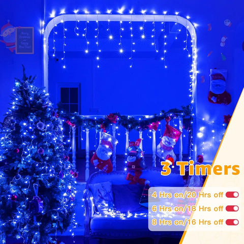 Ollny 720 LED 60ft Blue Christmas Icicle Lights (Clear Cable, Plug in, 8 Modes), Connectable up to 3 Sets