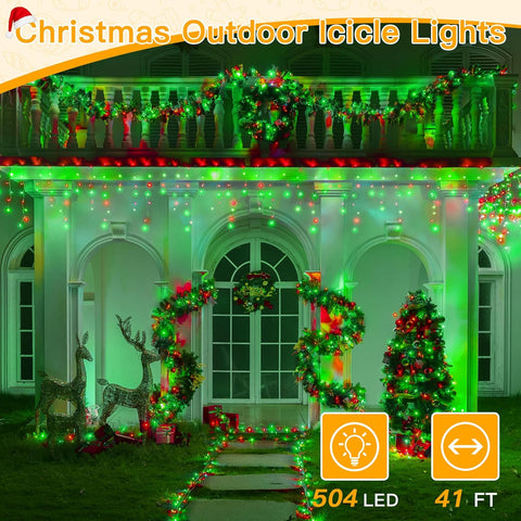 Ollny 504 LED 41ft Red&Green Christmas Icicle Lights (Clear Cable, Plug in, 8 Modes), Connectable up to 3 Sets