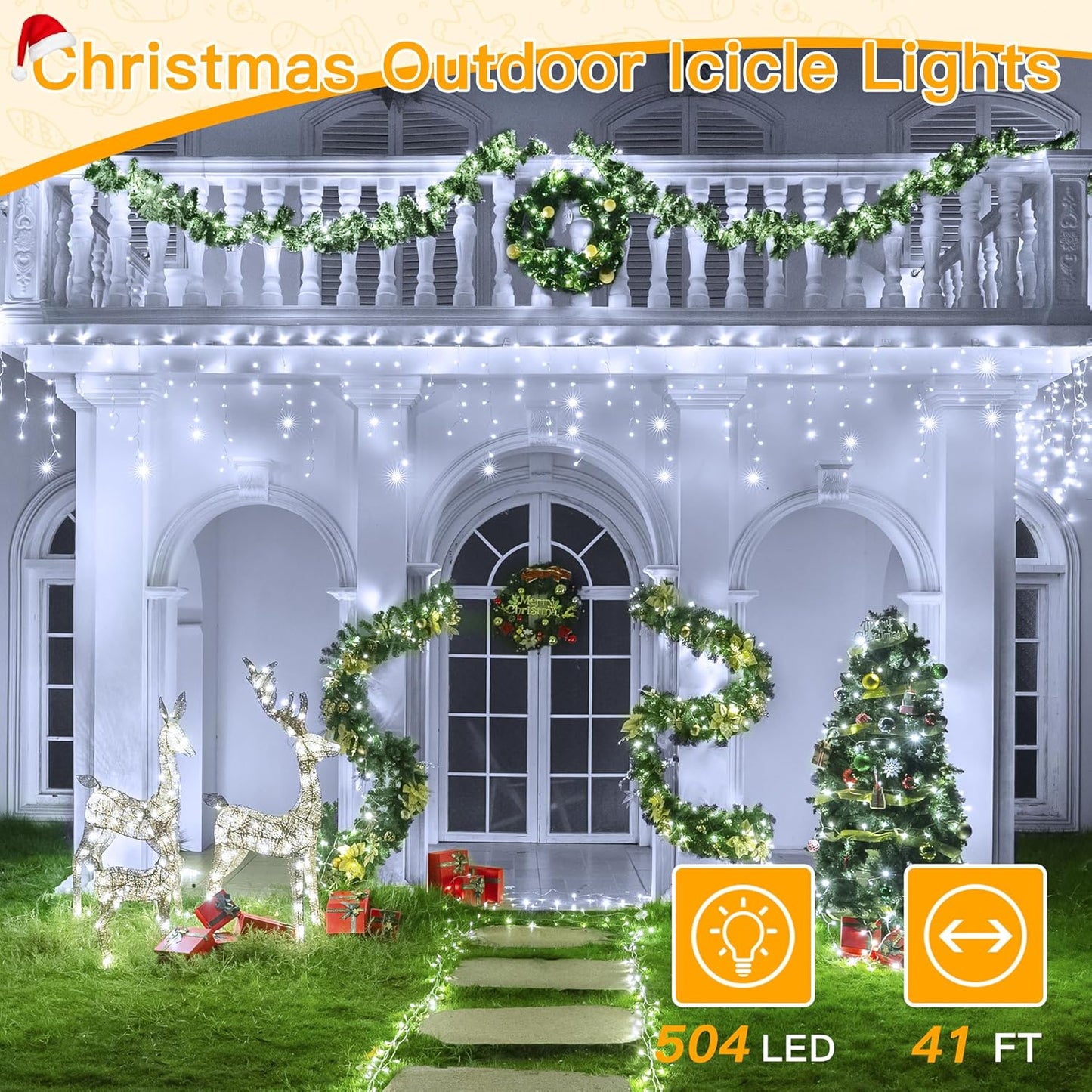 
                  
                    Ollny 504 LED 41ft Cool White Christmas Icicle Lights (Clear Cable, Plug in, 8 Modes), Connectable up to 3 Sets
                  
                