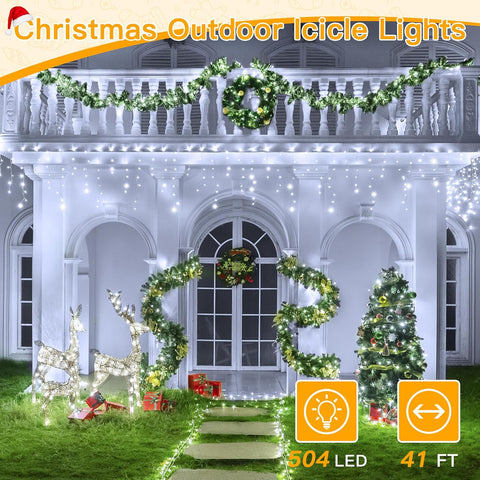 Ollny 504 LED 41ft Cool White Christmas Icicle Lights (Clear Cable, Plug in, 8 Modes), Connectable up to 3 Sets