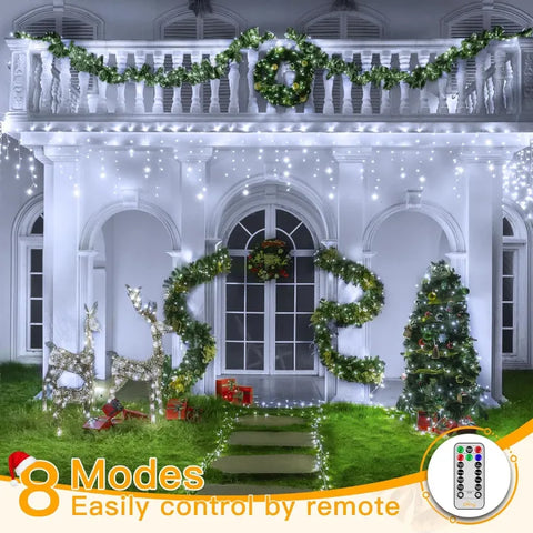 Ollny 1000 LED 82ft Cool White Christmas Icicle Lights (Clear Cable, Plug in, 8 Modes)