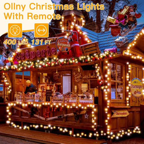 Ollny 400 LED 132ft Warm White and Cool White String Lights (Clear Cable, Plug in, 8 Modes, IP44 Waterproof)