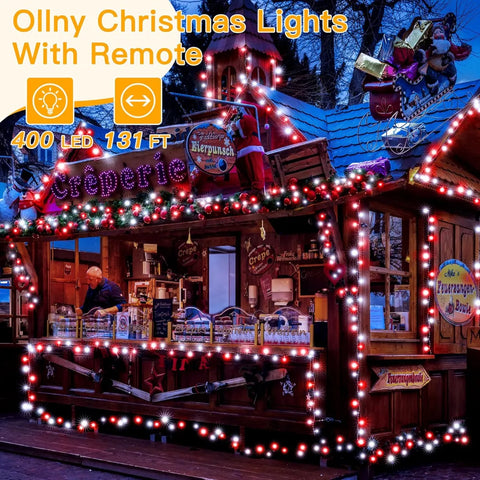 Ollny 400 LED 132ft Red and White String Lights (Clear Cable, Plug in, 8 Modes, IP44 Waterproof)