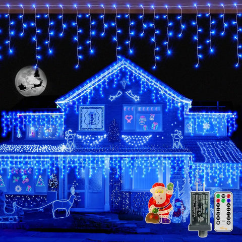 Ollny 720 LED 60ft Blue Christmas Icicle Lights (Clear Cable, Plug in, 8 Modes), Connectable up to 3 Sets