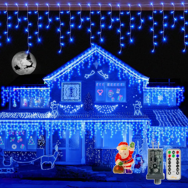 Ollny 720 LED 60ft Blue Christmas Icicle Lights (Clear Cable, Plug in, 8 Modes), Connectable up to 3 Sets