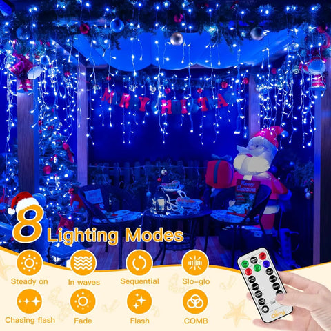 Ollny 720 LED 60ft Blue Christmas Icicle Lights (Clear Cable, Plug in, 8 Modes), Connectable up to 3 Sets