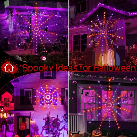 Ollny Orange and Purple Halloween Spider Web Lights 6.6FT 126 LED (Black Cable, Battery Operated, 8 Modes, with Spider)