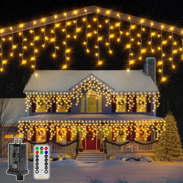 Ollny 1000 LED 82ft Warm White Christmas Icicle Lights (Clear Cable, Plug in, 8 Modes)