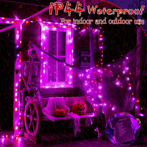 Ollny 150 LED 49ft Purple & Orange Halloween String Lights with Creepy Cloth (Green Cable, Battery Operated, 8 Modes)