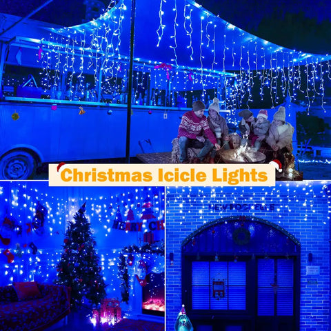 Ollny 720 LED 60ft Blue Christmas Icicle Lights (Clear Cable, Plug in, 8 Modes), Connectable up to 3 Sets