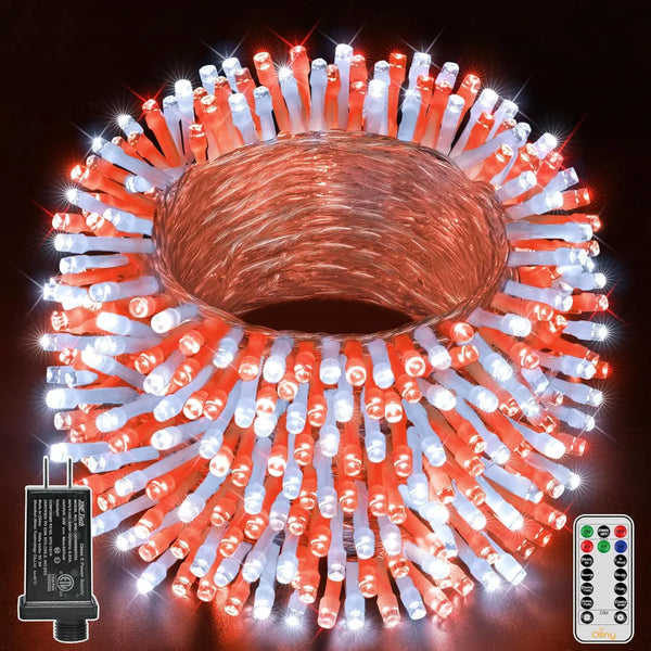 Ollny 400 LED 132ft Red and White String Lights (Clear Cable, Plug in, 8 Modes, IP44 Waterproof)