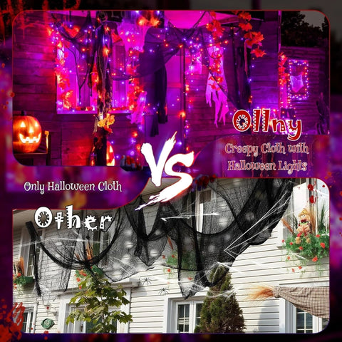Ollny 150 LED 49ft Purple & Orange Halloween String Lights with Creepy Cloth (Green Cable, Battery Operated, 8 Modes)