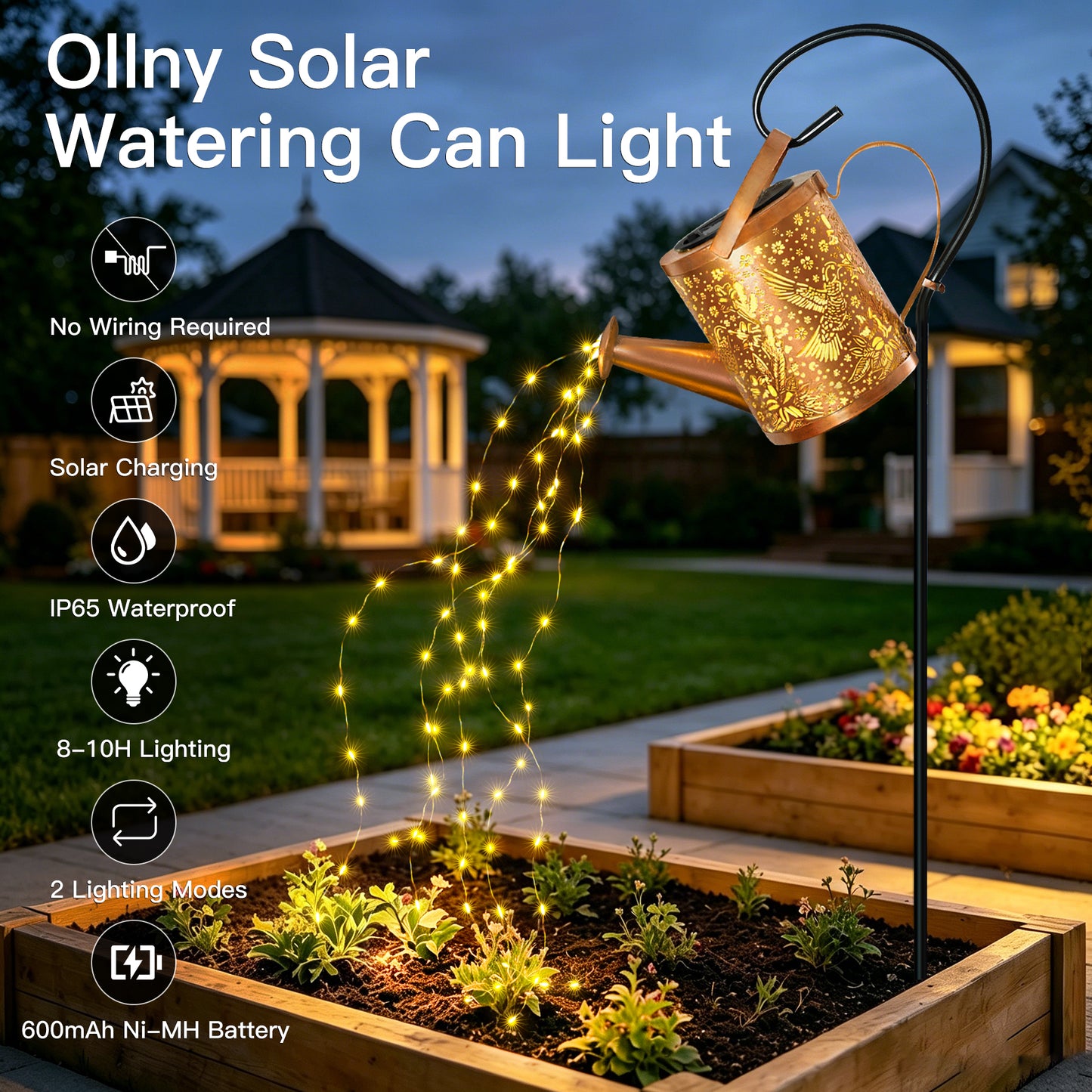 
                  
                    Ollny Solar Watering Can with Lights, Hanging Solar Waterfall LED Lights with Shepherd Hook, Waterproof Outdoor Decor for Patio Yard Pathway Backyard
                  
                