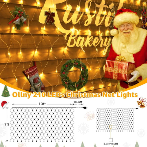 Ollny 210 LED 10*7ft Warm White Outdoor Net Lights (Clear wire, IP67 Waterproof, 8 Modes)