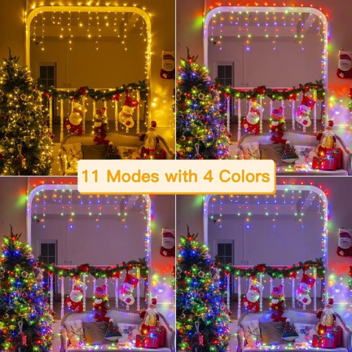 
                  
                    Ollny 306 LED 25ft Warm White/Multi Color Icicle Lights (Clear Cable, Plug in, 11 Modes), Connectable up to 3 Sets
                  
                