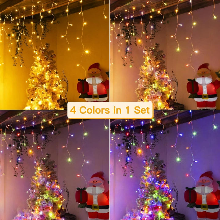 
                  
                    Ollny 306 LED 25ft Warm White/Multi Color Icicle Lights (Clear Cable, Plug in, 11 Modes), Connectable up to 3 Sets
                  
                