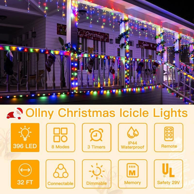 
                  
                    Ollny 400 LED 32ft Multi Color Icicle  Lights (Clear Cable, Plug in, 8 Modes), Connectable up to 3 Sets
                  
                
