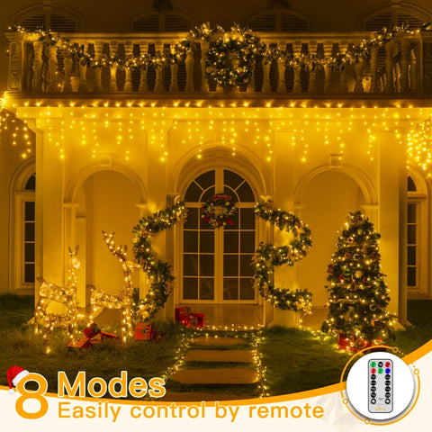 Ollny 396 LED 32ft Warm White Icicle Lights (Clear Cable, Plug in, 8 Modes), Connectable up to 3 Sets