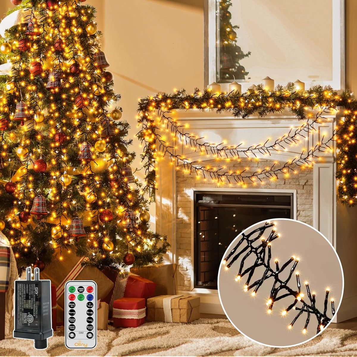 Ollny 1000 LED 49ft Warm White Christmas Cluster Lights Green Cable