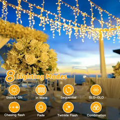 Ollny's 720 leds 60ft warm white wedding icicle lights - 8 lighting modes