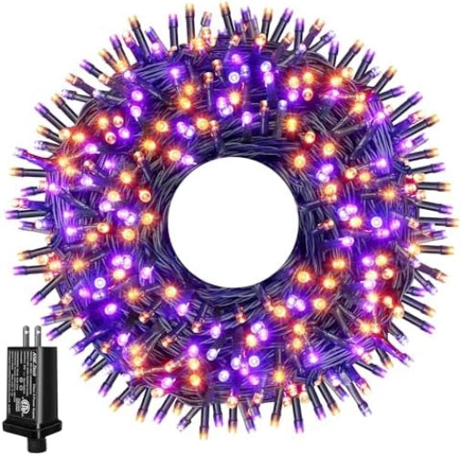Ollny 300 LED 100ft Purple & Orange Halloween Lights (Green Cable, Plug in, 8 Modes)