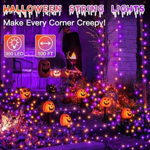Ollny 300 LED 100ft Purple & Orange Halloween Lights (Green Cable, Plug in, 8 Modes)