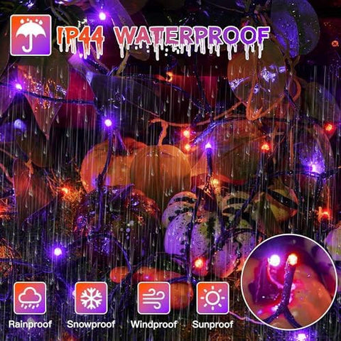 Ollny 300 LED 100ft Purple & Orange Halloween Lights (Green Cable, Plug in, 8 Modes)