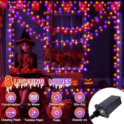Ollny 300 LED 100ft Purple & Orange Halloween Lights (Green Cable, Plug in, 8 Modes)