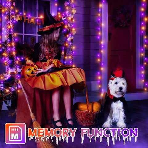 Ollny 300 LED 100ft Purple & Orange Halloween Lights (Green Cable, Plug in, 8 Modes)