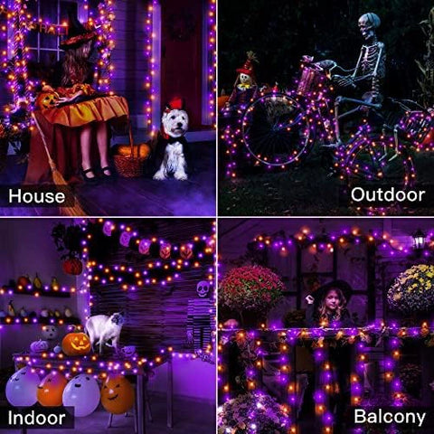 Ollny 300 LED 100ft Purple & Orange Halloween Lights (Green Cable, Plug in, 8 Modes)