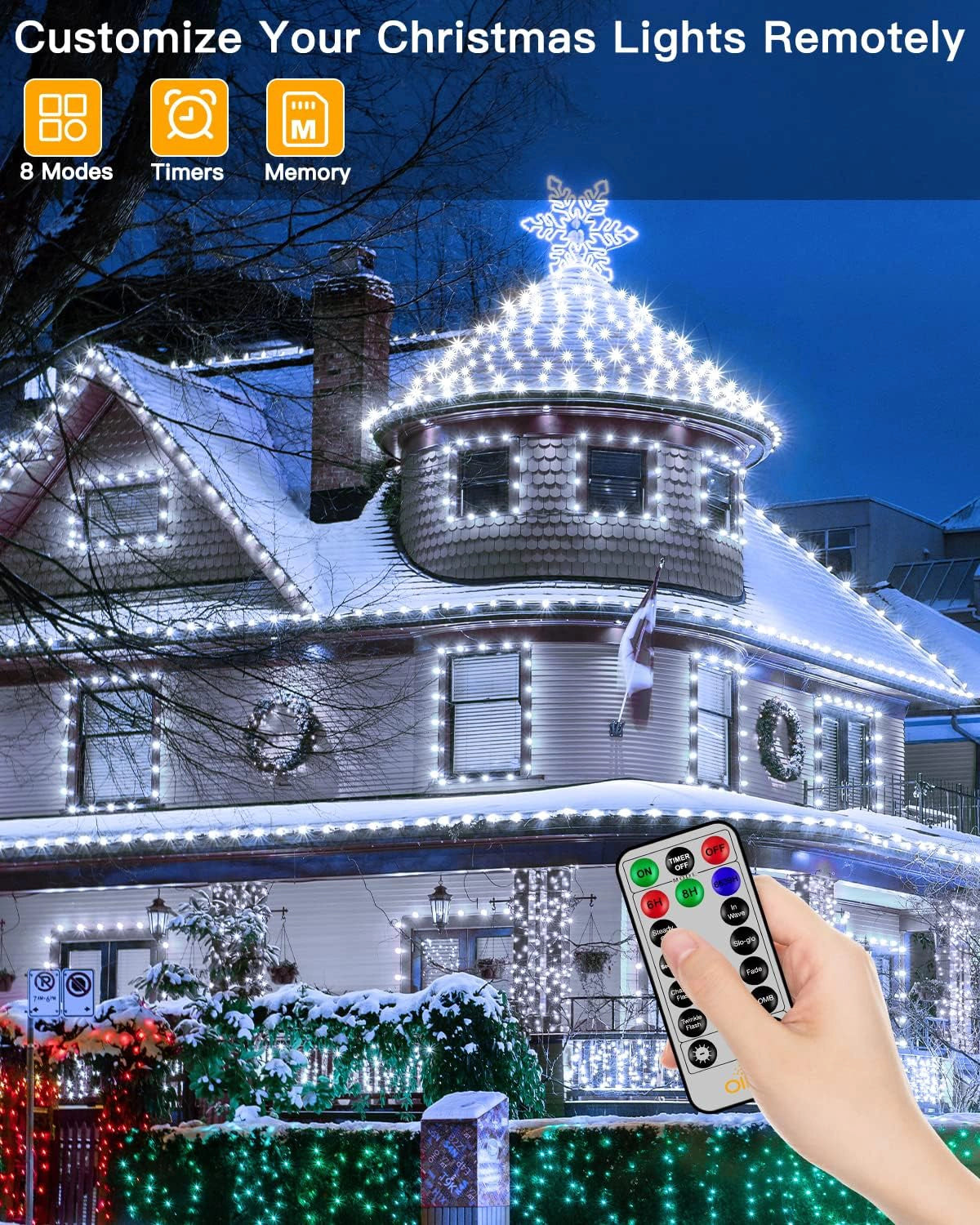 
                  
                    Ollny 600 LED 197ft Cool White IP67 Waterproof Christmas Lights (Clear Wire, Plug in, 8 Modes)
                  
                
