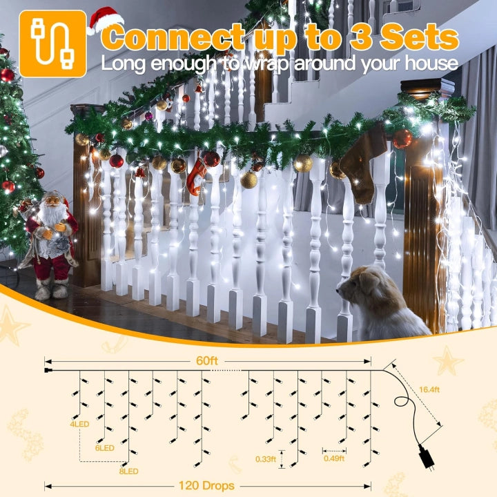 
                  
                    Ollny 720 LED 60ft Cool White Christmas Icicle Lights (Clear Cable, Plug in, 8 Modes), Connectable up to 3 Sets
                  
                