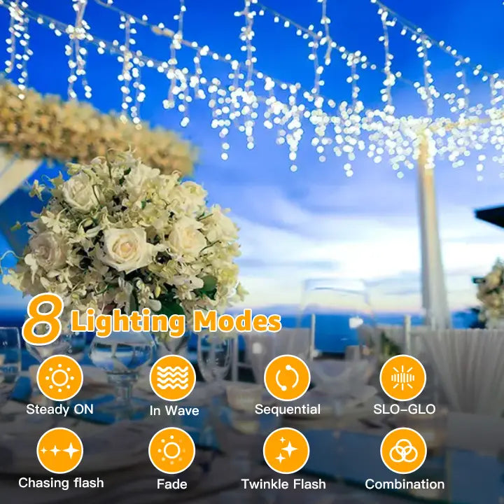 Ollny's 720 leds 60ft cool white wedding icicle lights - 8 lighting modes
