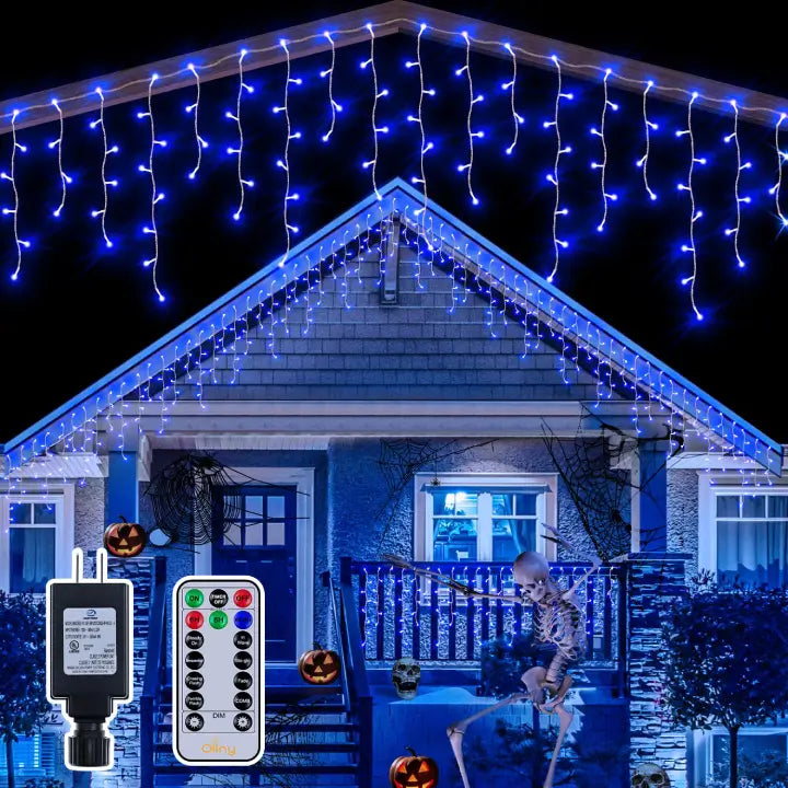 486 LED 40ft Blue Icicle Christmas Lights (Clear Cable, Plug in, 8 Modes), Connectable up to 3 Sets