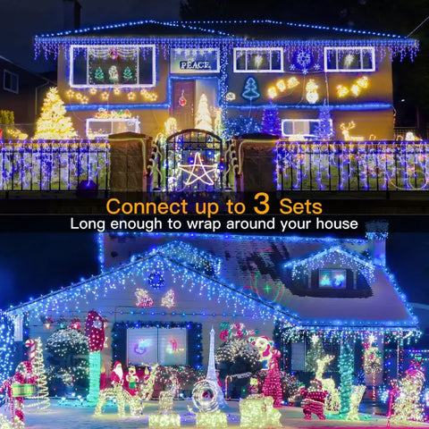 486 LED 40ft Blue Icicle Christmas Lights (Clear Cable, Plug in, 8 Modes), Connectable up to 3 Sets