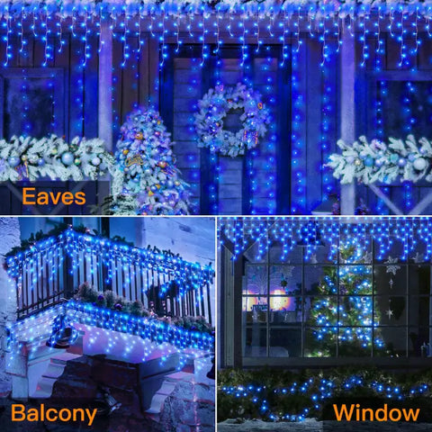 486 LED 40ft Blue Icicle Christmas Lights (Clear Cable, Plug in, 8 Modes), Connectable up to 3 Sets