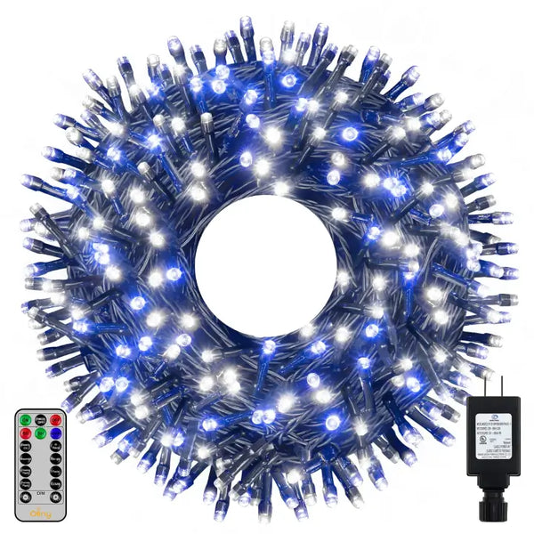 500 LED 164ft Blue and White Christmas Lights (Green Cable, Plug in, 8 Modes, IP44 Waterproof)