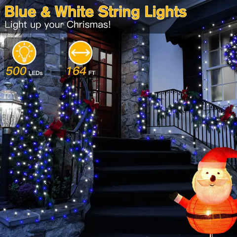 500 LED 164ft Blue and White Christmas Lights (Green Cable, Plug in, 8 Modes, IP44 Waterproof)