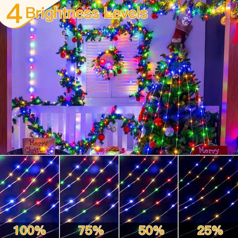 Christmas tree with multicolored Christmas lights and decorations, showing brightness levels.