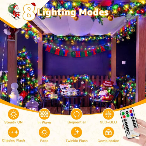 Decorated Christmas gazebo with string lights and remote control, featuring 8 lighting modes.