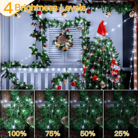 Christmas tree with cool white Christmas lights and decorations, showing brightness levels.