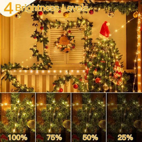 Christmas tree with white outdoor Christmas lights  and decorations, showing brightness levels.