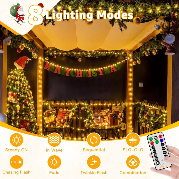 Decorated Christmas gazebo with string lights and remote control, featuring 8 lighting modes.