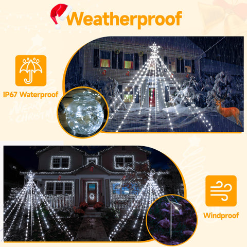340 Led Cool White Christmas Lights Tree For Lawn (With Pole, Clear Wire, IP67 Waterproof, 8 Modes, Plug In)